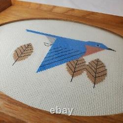 Charley Harper Bluebird Cross Stitch Wood Glass Serving Tea Tray Embroidery