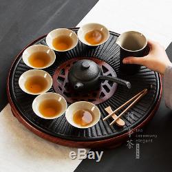Chinese crude pottery tea tray solid wood base drainage outlet porcelain tea set