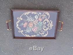 Col Ww Antique Needlepoint Wood Handled Serving Tray