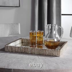 Contemporary Ribbed Silver Frame Tray Decorative Serving Modern Mirrored