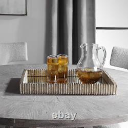 Contemporary Ribbed Silver Frame Tray Decorative Serving Modern Mirrored
