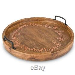 Copper Inlay Mango Wood 18 Round Serving Tray with Handles, NEW