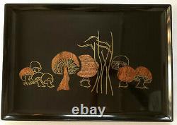 Couroc Serving MCM Tray Mushrooms Shrooms Brown Barware Brass Wood Inlay Glossy