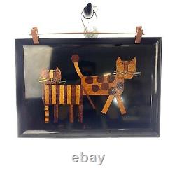 Couroc of Monterey Cats Inlaid Wood Brass Black Serving Tray MCM Vintage