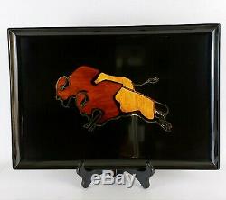 Couroc of Monterey Two Buffalo Bison Serving Tray Inlay Wood Bronze Rectangle
