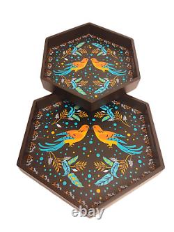 Crayton Birds Solid Wood Hexagon Serving Tray Set of 2