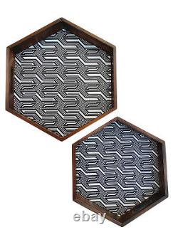 Crayton Black and White Premium Wood Hexagon Serving Tray Set of 2