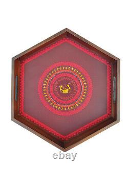 Crayton Madhubani Inspired Seasoned Wood Hexagon Serving Tray Set of 2