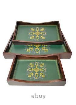 Crayton Mughal Inspired Rustic Wood Rectangle Serving Tray Set of 3