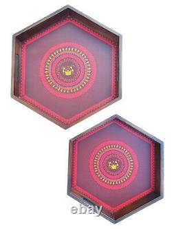 Crayton Warli Printed Elegant Wood Hexagon Multipurpose Serving Tray Set of 2