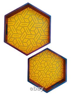 Crayton Yellow Abstract Wood Hexagon Multipurpose Serving Tray Set of 2