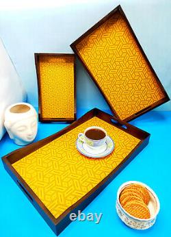 Crayton Yellow Abstract Wood Rectangle Multipurpose Serving Tray Set of 3