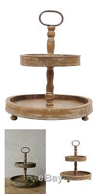 Creative Co-Op Wood Two-Tier Tray with Metal Handle