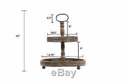 Creative Co-op Wood 2-Tier Tray Metal Handle Home Kitchen Decor Round Shelves