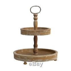 Creative Co-op Wood 2-Tier Tray Metal Handle Round Shelves Access To All Sides
