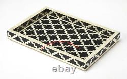 Curved Bone Inlay Handmade Moroccan Indian Black Wooden Serving Vintage Tray