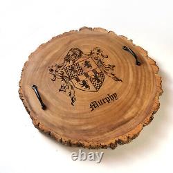 Custom Family Crest 18 Inch Log Round Tray, Large Engraved Rustic Wooden Platter