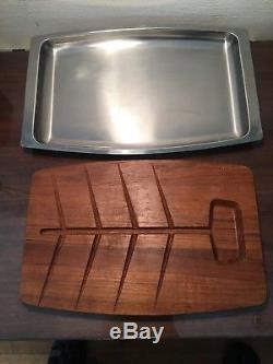 Danish Modern Teak Wood Cutting Board with Stelton 18/8 Stainless Serving Tray