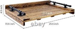 Dark Burnt Wood Stove Top Cover, Jumbo Farmhouse Serving Tray with Pipe Handles