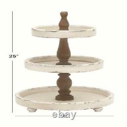 Decmode Large, 3-Tier Distressed White and Natural Wood Round Serving Tray Sta