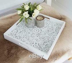 Decorative Serving Tray for Ottomans Large Square with Handles White Carved Wo