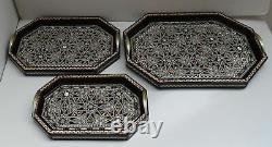 Decorative Wood Serving Tray Set, Mother of Pearl Inlaid, Breakfast Ottoman Tray