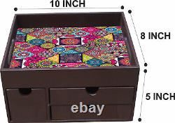 Decorative Wooden Tray With Multi Drawer, Kitchen Use & Home Decor, 10 X5X 8 Inch