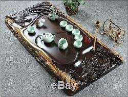 Dragon phoenix carved wooden tea tray handmade tea table ebony wood serving tray