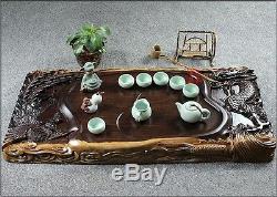 Dragon phoenix carved wooden tea tray handmade tea table ebony wood serving tray