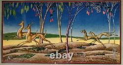 ELMER KREPS 1920s ART DECO Tray SIGNED Hounds & Deer HUNT Litho WOOD Frame18x11