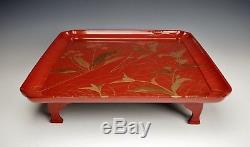 EXQUISITE ANTIQUE JAPANESE RED LACQUER SERVING TRAY 1800s Meiji Gold Maki-e