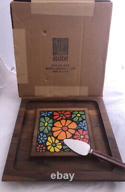 Earnest John Creations Teak Wood & Porcelain Tile Square Cheese Tray Brass Foots