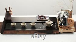 Ebony wood tea tray black stone serving tray water draining solid wood tea boat