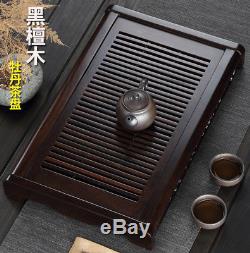 Ebony wood tea tray handmade carved peony flower Chinese solid wood tea table