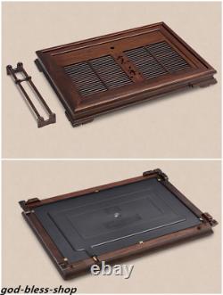 Ebony wood tea tray handmade carved water draining tea boat wooden cup holder