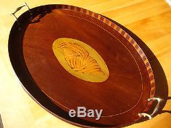 Edwardian Mahogany & Satinwood Marquetry Inlaid Oval Tea Serving Tray
