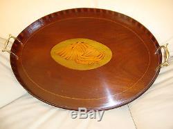 Edwardian Mahogany & Satinwood Marquetry Inlaid Oval Tea Serving Tray