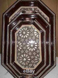 Egyptian Middle Eastern Morccan Mother of Pearl Inlaid Wood Tray Set