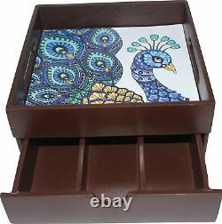 Engineered Wood Vintage Print Wooden Tray with Drawer for Kitchen Use