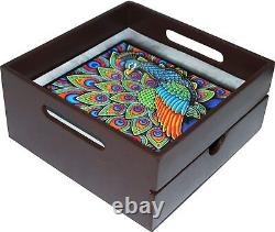 Engineered Wood Vintage Print Wooden Tray with Drawer for Kitchen Use