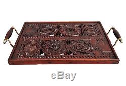 English Carved Mahogany Serving Tray with Brass Handles