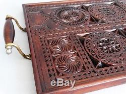 English Carved Mahogany Serving Tray with Brass Handles