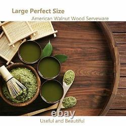 Extra Large Round Black Walnut Wood Ottoman Tray with Handles, Serve 20 Inches