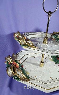 FITZ & FLOYD SNOWY WOODS 2 Tier Serving Tray RARE Ribbons Christmas Holiday