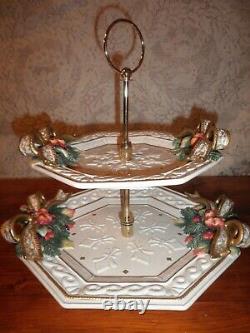 Fitz And Floyd Snowy Woods Christmas 2 Tiered Serving Tray Octagon New w out box