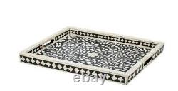 Floral Design Black Serving Tray Bone Inlay Handmade Rectangular Tea Tray