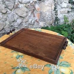 French Antique Oak Butlers Serving Tray English Wood Brass Picture Frame Spindle