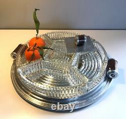 French Art Deco 1930's Aluminium Wood And Mirror Serving Tray Glass Dishes Retro