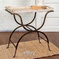 French Country Shabby Cottage Chic Vintage Distressed Wood Tray Metal Stand