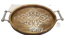 GG Collection Large Oval Mango Wood Metal Inlay Tray, 20, Handles Fine Quality